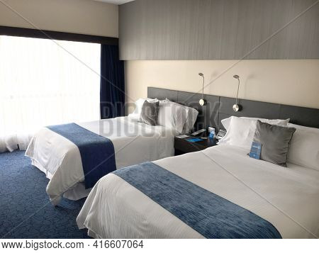 GUAYAQUIL, ECUADOR - FEBRUARY 15, 2017:  Wyndham Hotel Guayaquil Guest Room. The hotel is situated just steps from the historic Santa Ana Hill and its famous Lighthouse.