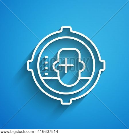 White Line Headshot Icon Isolated On Blue Background. Sniper And Marksman Is Shooting On The Head Of