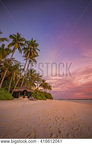 Sea Sand Sky Concept, Sunset Colors Over Palm Trees, Clouds, Island Shore Horizon, Horizontal Backgr