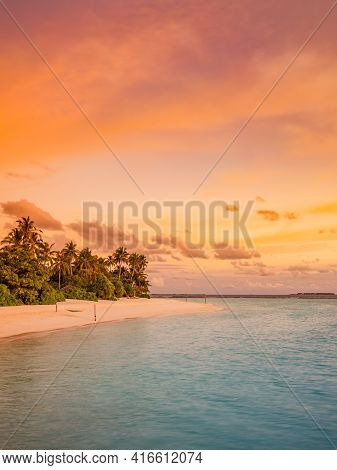 Sea Sand Sky Concept, Sunset Colors Over Palm Trees, Clouds, Island Shore Horizon, Horizontal Backgr