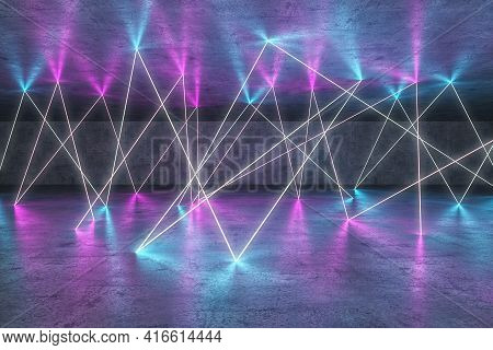 Empty Big Room With Searchinf Neon Lights Disco Style With Blue And Purple Reflections, Concrete Flo