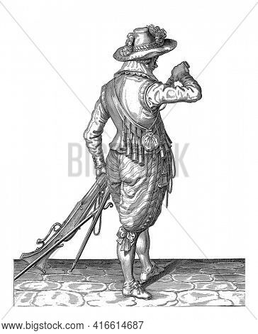 A Soldier, Full Length, after right, seen from the back, holding a musket (a particular type of firearm) with his left thigh by the left thigh, vintage engraving.
