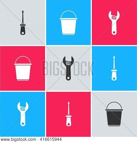 Set Screwdriver, Bucket And Adjustable Wrench Icon. Vector