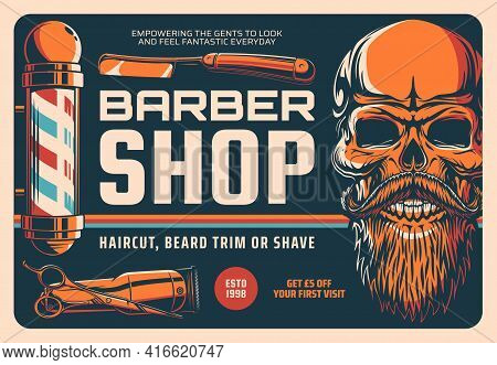 Barbershop, Haircut, Beard Shave Or Trim Retro Banner. Vector Barber Shop Pole, Hairdresser Scissors