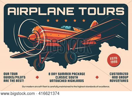 Airplane Tours Service, Air Travel Retro Banner. Vector Airplane, Pilot And Guide Rent, Summer Vacat