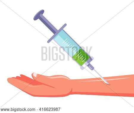 Put In The Clinic An Injection With An Injection. Take Medication Intravenously. Flat Vector Illustr