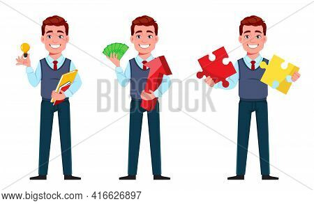Handsome Business Man, Set Of Three Poses. Young Businessman Cartoon Character In Flat Style. Stock 