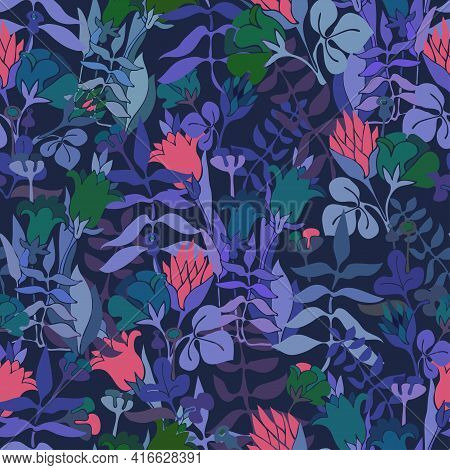 Vector Seamless Colorful Design Pattern Botanical Cute Spring Herbs And Flowers In Bluel Tones