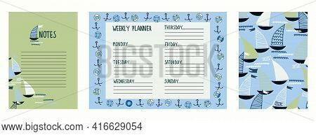 Weekly Planner Template With Cover Page And Page For Notes. Sailing As A Design Theme