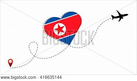 Airplane Flight Route With The Dprk Flag Inside The Heart. Travel To Your Beloved Country. Vector Fl