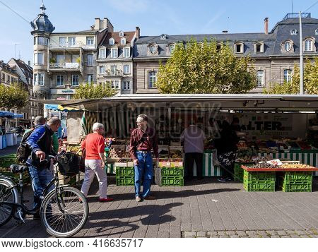 Strasbourg, France - Sep 22, 2017: Side View Of People Shopping At The Farmer Market In Central Plac
