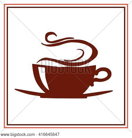 Flat Silhouette Of A Brown Cup And Saucer. Vector Icon Of A Hot Drink In A Frame On A White Backgrou