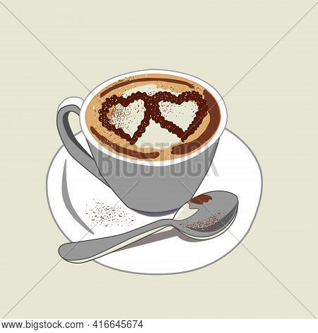 A Cup Of Cappuccino Coffee, A Romantic Breakfast Concept, Two Chocolate Hearts. Vector Illustration 