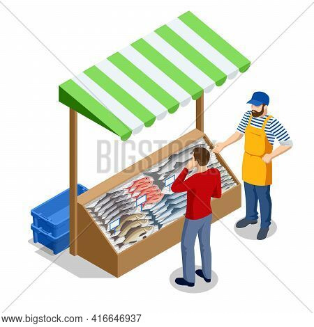 Isometric Fresh Fish And Seafood Sale Market. Fresh Fish In The Fresh Market Or Supermarket Cooled F