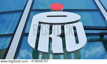Warsaw, Poland. 12 April 2021. Sign  Pko. Company Signboard  Pko.