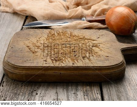 Very Okd Empty Rectangular Wooden Cutting Kitchen Board On Table, Top View