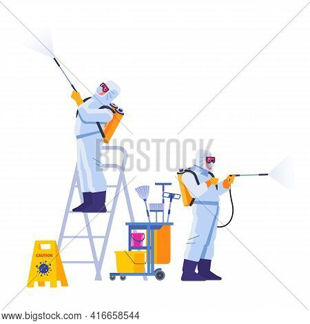 Covid-21 Coronavirus Disinfect. Disinfecting Workers Wear Protective Masks And Spacesuits Against Pa