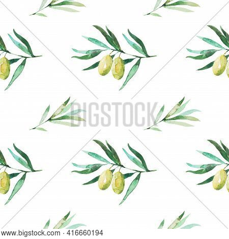 Seamless Pattern With Olive Branches And Olives. Watercolor Hand Drawing