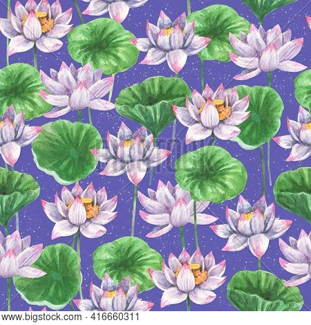 Artistic Seamless Patterns With Watercolor Painted Lotus Flowers And Leaves For Fabric And Other Des