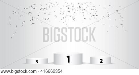 Three Podium Confetti On Light Background. First Place Trophy. Winner Award. Stock Image. Vector Ill
