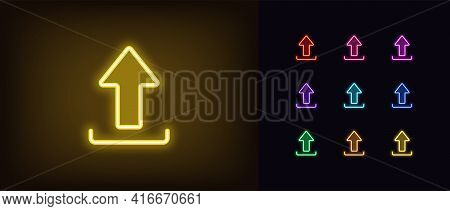 Neon Upload Icon. Glowing Neon Upload Sign, Outline Arrow Pictogram In Vivid Colors. Online Data Sav
