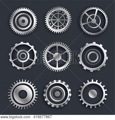 3d Metallic Cog And Gears Set Of Nine Design
