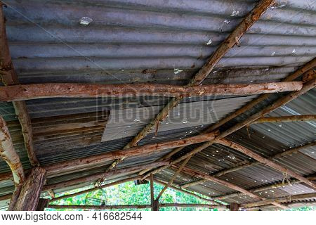 Steel Roof Structure. Moonlight Bulb. Steel Structure With Roof Tiles. Architectural Structure Of Ro