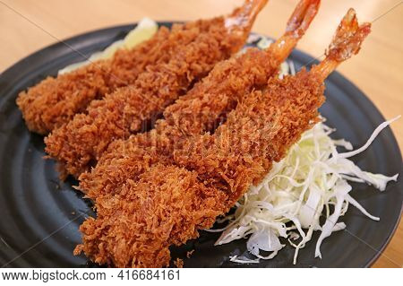 Plate Of Deep Fried Shrimps Called Ebi Furai, A Popular Japanese Style Western Dish