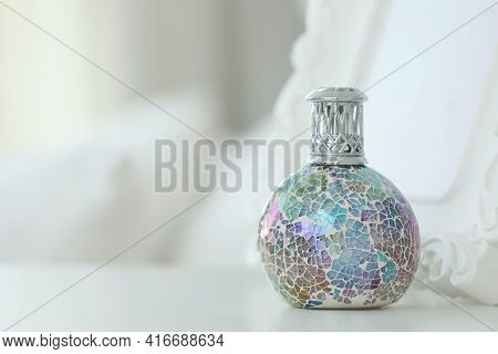 Beautiful Catalytic Purifying Lamp On Table Indoors, Space For Text. Interior Element