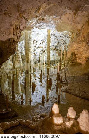 Stalactite And Stalagmite Formations Into The Frasassi Caves (grotte Di Frasassi) Marche, Italy