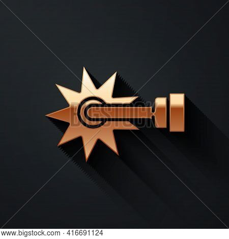 Gold Cowboy Horse Riding Spur For Boot Icon Isolated On Black Background. Long Shadow Style. Vector