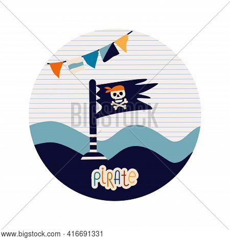 Vecton Illustration. Abstract Composition In A Circle. Pirate Flag With A Skull And Bones On A Backg