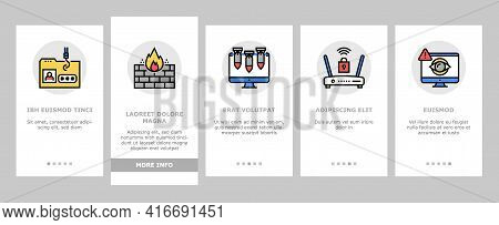 Internet Security Onboarding Mobile App Page Screen Vector. Internet Ddos Computer Attack And Flash 