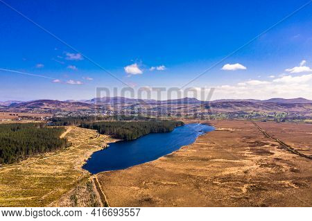 Aerial View Of Peatbog And Lake Ananima Next To The Town Glenties In County Donegal - Ireland.
