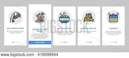 Oatmeal Nutrition Onboarding Mobile App Page Screen Vector. Oat And Flour Bag, Cookies And Milk, Bar