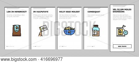 Oatmeal Nutrition Onboarding Mobile App Page Screen Vector. Oat And Flour Bag, Cookies And Milk, Bar