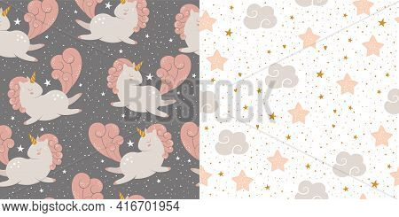 Unicorn And Cloud Seamless Pattern Set Vector