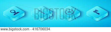 Set Isometric Location, Marshmallow Stick, Wooden Axe And Compass Icon. Vector