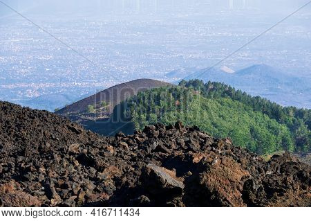 Mount Etna In Sicily Near Catania, Tallest Active Europe Volcano In Italy. Traces Of Volcanic Activi