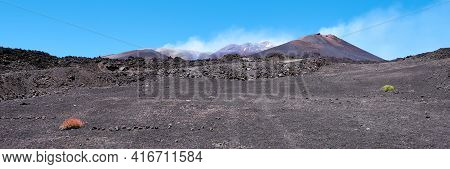 Mount Etna In Sicily Near Catania, Tallest Active Volcano In Italy And Whole Europe. Panoramic Banne