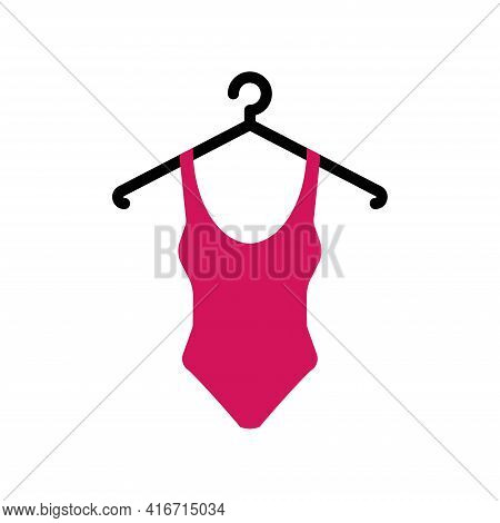 Pink Swimsuit On A Hanger. Swimsuit Icon With Hanger, Swimsuit Vector Illustration Isolated On White