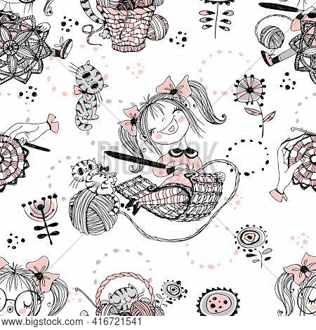 Cute Girls Needlewomen Crochet Knitters. Seamless Pattern.vektor.