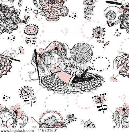 Cute Girls Needlewomen Crochet Knitters. Seamless Pattern.vektor.
