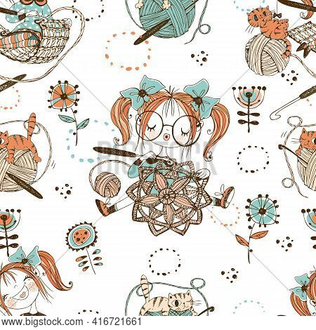 Cute Girls Needlewomen Crochet Knitters. Seamless Pattern.vektor.