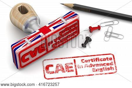 Cae. Certificate In Advanced English. Rubber Stamp In Colors Of The Uk Flag And Red Imprint Cae. Cer