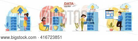 Data Center Concept Scenes Set. Technicians Work At Server Racks Room, Storage, Analysis And Computi