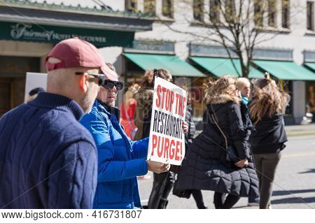 Downtown Vancouver, Bc, Canada - Apr 02, 2021: Anti Lockdown Protesters March In Protest Of Governme