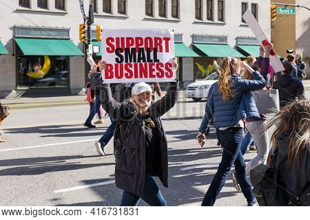 Downtown Vancouver, Bc, Canada - Apr 02, 2021: Anti Lockdown Protesters March In Protest Of Governme