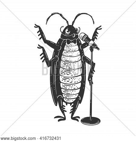 Cartoon Singing Cockroach With Microphone Orchestra Sketch Engraving Vector Illustration. T-shirt Ap
