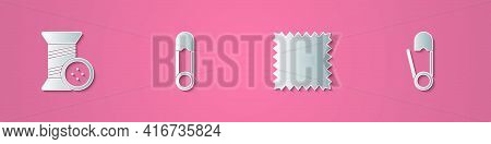 Set Paper Cut Sewing Thread And Button, Safety Pin, Leather And Icon. Paper Art Style. Vector
